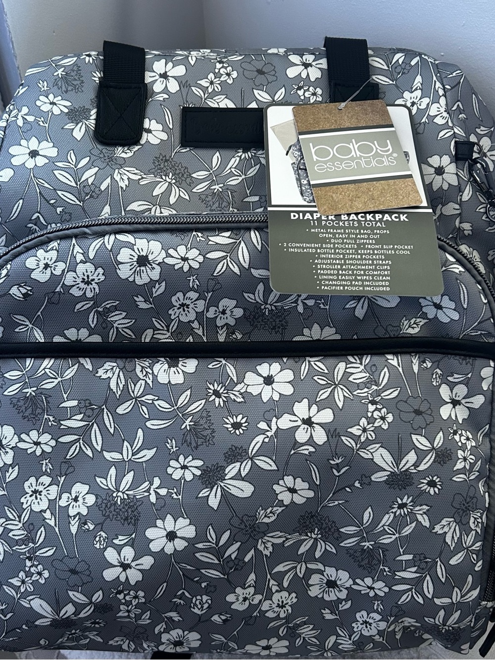 Baby Essentials Gray Floral Diaper Backpack